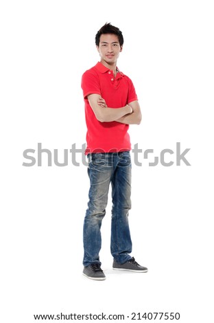 bright picture of handsome man in red shirt standing with arms crossed