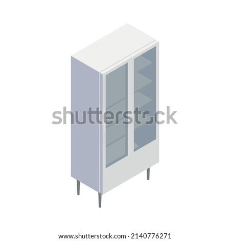 Medical equipment isometric composition with isolated image of cabinet with glass doors and empty shelves vector illustration
