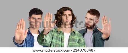 Refusal Concept. Group Of Serious Young Men Showing Stop Gesture At Camera, Upset Millennial Males Refusing Something Unwanted While Posing Over Grey Studio Background, Panorama, Collage