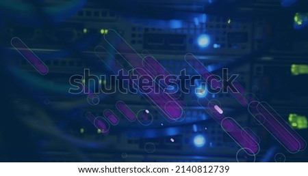 Image of pink shapes moving over servers and wires. cloud computing, data uploading, computers and technology concept digitally generated image.