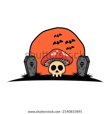 Skull head mushroom logo illustration. Skull mushroom logo in the middle of the grave