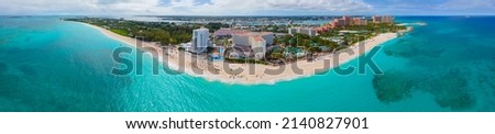 Paradise Island panoramic aerial view including Paradise Beach and The Royal Cove Reef Tower at Atlantis Hotel on Paradise Island, Bahamas. Royalty-Free Stock Photo #2140827901