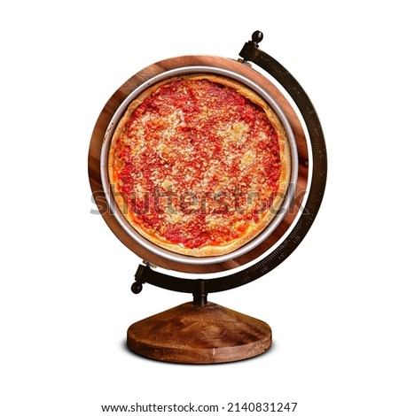Deep Dish Pizza Day, national Deep Dish Pizza  Day, international Deep Dish Pizza Day, world Deep Dish Pizza Day, plate on top of the globe stand Royalty-Free Stock Photo #2140831247