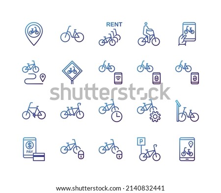 Bike sharing flat line icons set. Urban transportation, rent a bike, bicycle parking, bike rental app, padlock. Simple flat vector illustration for store, web site or mobile app.
