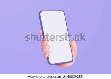 3D vector hand holding mobile phone isolated on pastel background, 3d Hand using smartphone with empty screen for mockup mobile concept. showcase 3d display minimal scene with device phone in hand Royalty-Free Stock Photo #2140839285