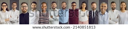 Group of many confident diverse multicultural people with happy faces. Different formal and casual multi studio head shot pictures of company staff. Horizontal panoramic collage website banner design