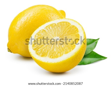 Lemon fruit with leaf isolated. Whole lemon and a half with leaves on white background. Lemons isolated. With clipping path. Full depth of field Royalty-Free Stock Photo #2140852087