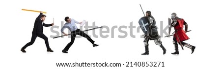Modern versus medieval. Young male and female office managers and medieval knights isolated on white background. Concept of business, eras comparison, teamwork, Flyer with copy space for ad
