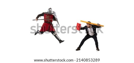 Creative collage. Fight between modern business man and medieval knight wearing armored clothes isolated on white background. Concept of business, action, eras comparison, Flyer