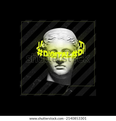 Contemporary art collage with antique statue head and neon lettering around isolated over black background. Concept of digitalization, artificial intelligence, technology era, cyberspace