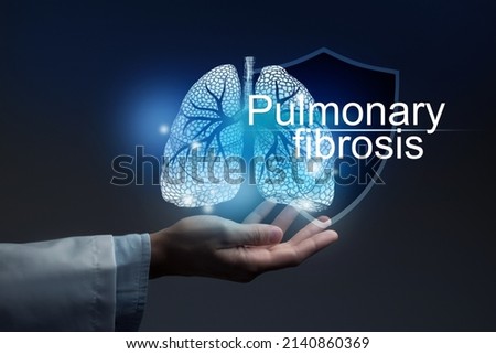 Medical banner Pulmonary fibrosis on blue background with  large copy space for text or checklist.