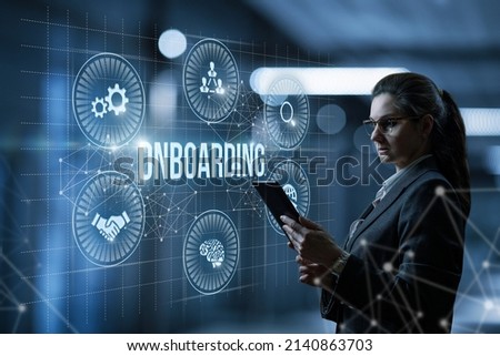 Businesswoman working structural business onboarding on virtual computer screen. Royalty-Free Stock Photo #2140863703
