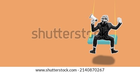 Funny portrait of an emotional jumping guy with a megaphone. Collage in magazine style. Flyer with trendy colors, advertising copy space. Discount, sale season. Information concept. Attention news! Royalty-Free Stock Photo #2140870267