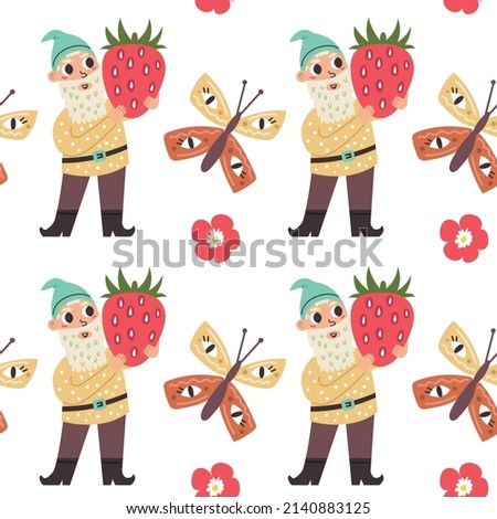 Cute gnome pattern with butterfly strawberry. Character doodle hand drawn flat cartoon background nursery vector digital paper textile fabric wallpaper