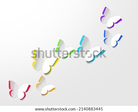 Paper multicolor butterflies on a white background. Love and Valentine's day concept. Top view. Royalty-Free Stock Photo #2140883445