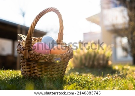 Happy Easter. Basket with Easter eggs in grass on a sunny spring day - Easter decoration, banner, panorama, background with copy space for text. Royalty-Free Stock Photo #2140883745