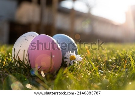 Happy Easter. Easter eggs on grass on a sunny spring day - Easter decoration, banner, panorama, background with copy space for text. Royalty-Free Stock Photo #2140883787