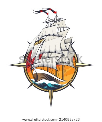 Colorful tattoo of Engraving Sail Ship Inside Wind Rose Engraving isolated on white. Vector illustration.