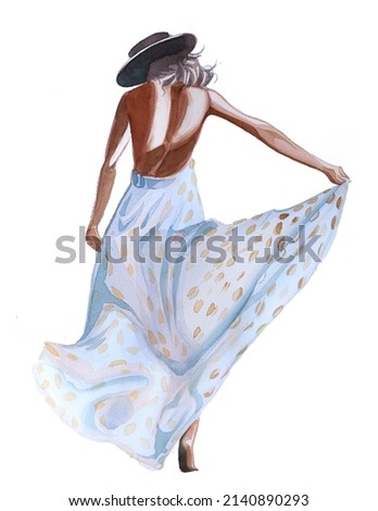 Beautiful woman portrait illustration. Summer girl design. Summer fashion concept clipart. Stylish woman clip art. Artistic woman dress print.