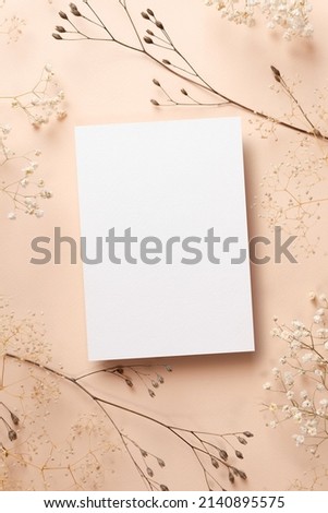 Invitation or greeting card mockup with dry twigs decorations on beige Royalty-Free Stock Photo #2140895575