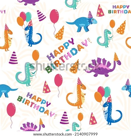 Seamless pattern with cute dinosaurs. Dinosaurs celebrate their birthday with gifts and sweets. seamless pattern with cute dinosaurs Happy Birthday