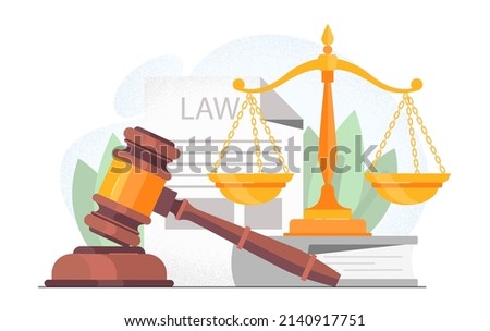 Symbol of law. Judges gavel and scales, metaphor for responsibility. Graphic elements for website, poster or banner. Confirmation of financial transaction in court. Cartoon flat vector illustration Royalty-Free Stock Photo #2140917751