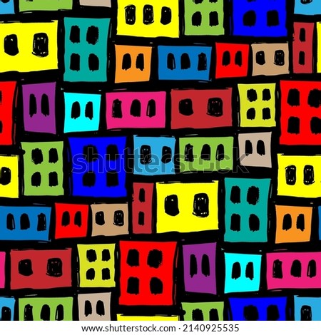 Bright colorful multicolored ink contour line houses in favelas. Suburb. Cute seamless pattern. Vector simple flat graphic hand drawn illustration. Texture.