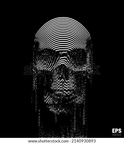 Vector black and white illustration of disintegrating screaming skull in oscilloscope white line on black background from 3D rendering.