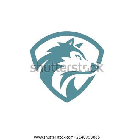 Wolf head and shield logo design, wolf badge emblem vector icon