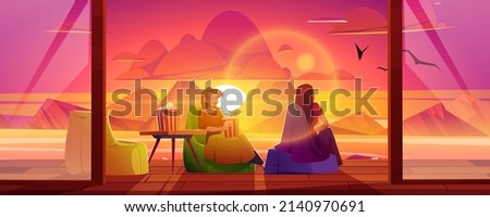 Woman rest on house terrace with view to lake and mountains at sunset. Vector cartoon illustration of wooden veranda with chairs, table, and sitting girls with popcorn and blanket at evening