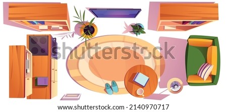 Set of studio, living room and kitchen furniture top view. Sofa, coffee table, television hang on wall, wooden bookcases, desk with oven, floor lamp, potted plants and rug, Cartoon vector icons