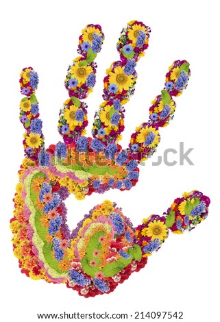 Stop War concept- human hand from fresh summer flowers. Abstract isolated collage