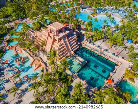 Mayan Temple water slide aerial view including Leap of Faith and Challenger Slide at Adventure Park in Atlantis Hotel on Paradise Island, Bahamas. Royalty-Free Stock Photo #2140982665