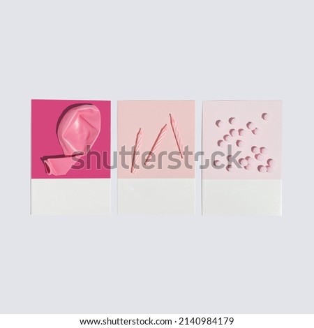 Minimal pastel kids party concept with three pink cards, birthday balloon, candles and confetti. Cute girly aesthetic.