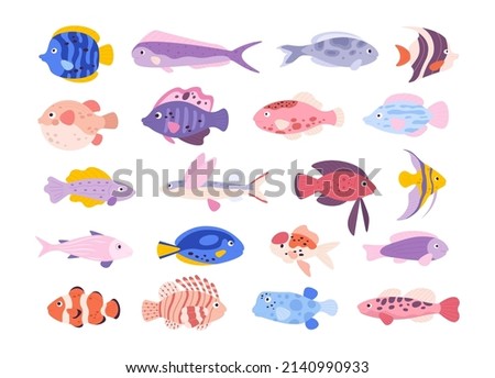Cartoon cute tropical ocean exotic aquarium fishes. Goldfishes, tetra, barb, angelfish and lionfish. Small freshwater fish pets vector set. Underwater bright animals isolated on white