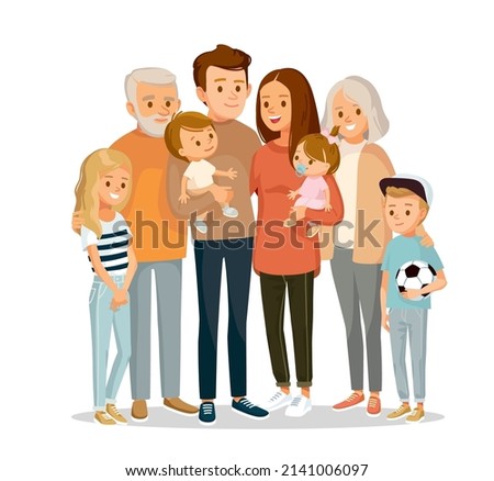 Portrait of big happy multi-generational family, siblings, relatives. Vector people. Seniors, mother and father with babies, children grandchildrens and grandparents. Grandma, grandpa, mom, dad.