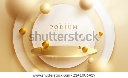 Luxury background with product display podium and 3d gold ball element and blur effect decoration and glitter light and bokeh. Royalty-Free Stock Photo #2141006419