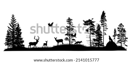 Set of silhouettes of trees and wild forest animals. Deer, fawn, doe, fox, wolf, owl, bird of pray, squirrel. Black and white hand drawn illustration. Royalty-Free Stock Photo #2141015777