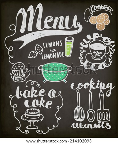 Blackboard Doodles Themed Around Food and Drink - Hand drawn vignettes related to food and drink, including teacup, cookies, cake, muffin and lemonade, in a sketchy simple style