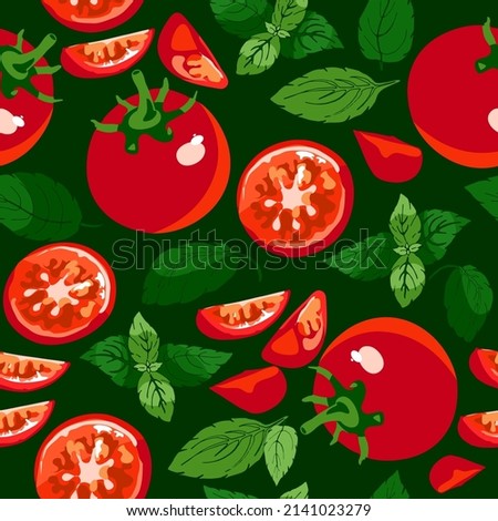 tomato, whole, slices, basil leaves on a white background, seamless pattern, Royalty-Free Stock Photo #2141023279