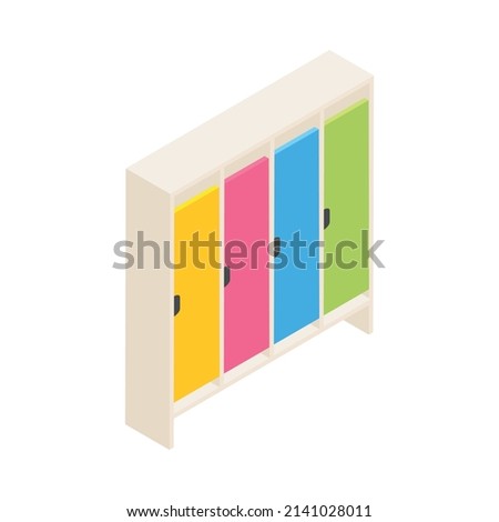 Kindergarten isometric composition with isolated image of cabinet with colorful lockers on blank background vector illustration