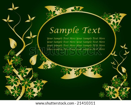 A gold floral vector design with room for text on a rich green  background