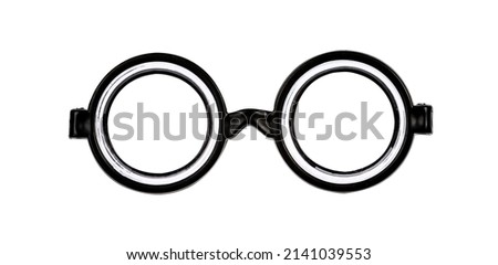 Front of nerdy black glasses with thick glass. Isolated on a white background