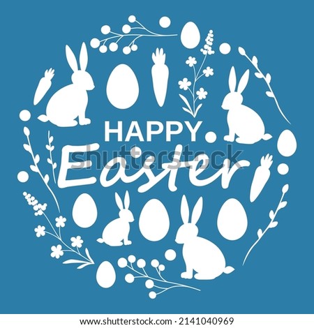 Happy Easter poster with white outlines of hares on a blue background. vector illustration