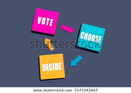 Diagram with the balance between Vote Choose Decide. Project management plan in a diagram, mind map, business concept. Multi colored square sticky notes and colorful arrows on dark blue background
