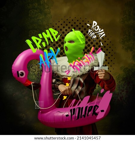 Contemporary art collage. Medieval knight, warrior in neon colored balaclava standing in pink flamingo swim circle isolated over dark vintage background. Swag style. Modern design Royalty-Free Stock Photo #2141045457