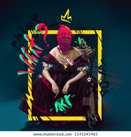 Contemporary art collage. Medieval royal woman, princess in renaissance dress and balaclava isolated over dark background. Combination of modernity and past. Street style lettering design Royalty-Free Stock Photo #2141045465