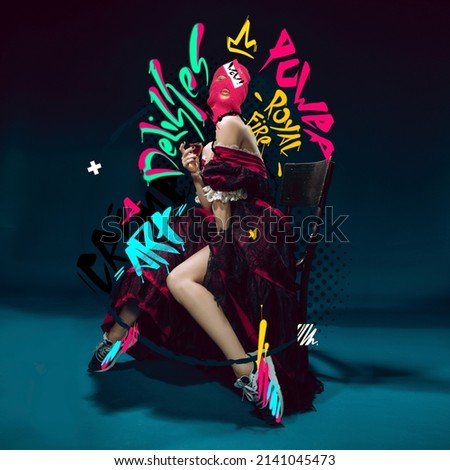 Contemporary artwork. Medieval royal woman, princess in renaissance dress, modern sneakers and balaclava isolated over dark background. Combination of modernity and past. Street style lettering design Royalty-Free Stock Photo #2141045473