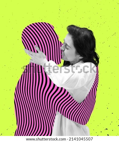 Contemporary art collage. Young passionate woman kissing invisable, illusive man isolated over neon green background. Vibrant design. Concept of love, dreams, imagination, beauty, relationship