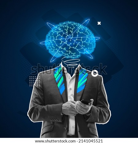Contemporary art collage. Silhouette of businessman in stylish suit with digital brain scheme isolated over black background. Modern science. Artificial intelligence, cybernetic mind concept.